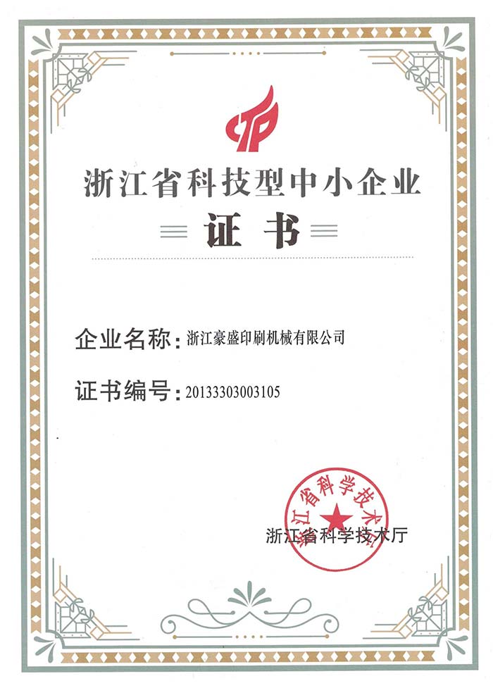 Zhejiang Science and Technology Small and Medium Enterprise Certificate
